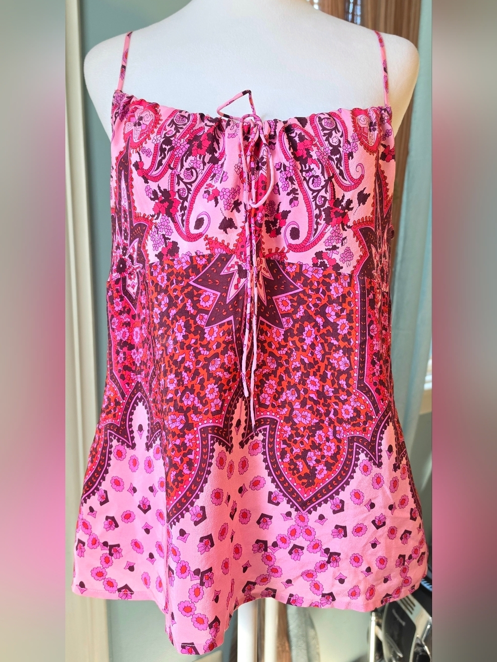 Y2K Vintage Banana Republic 100% Silk Boho Tank Womens L Pink Paisley Floral